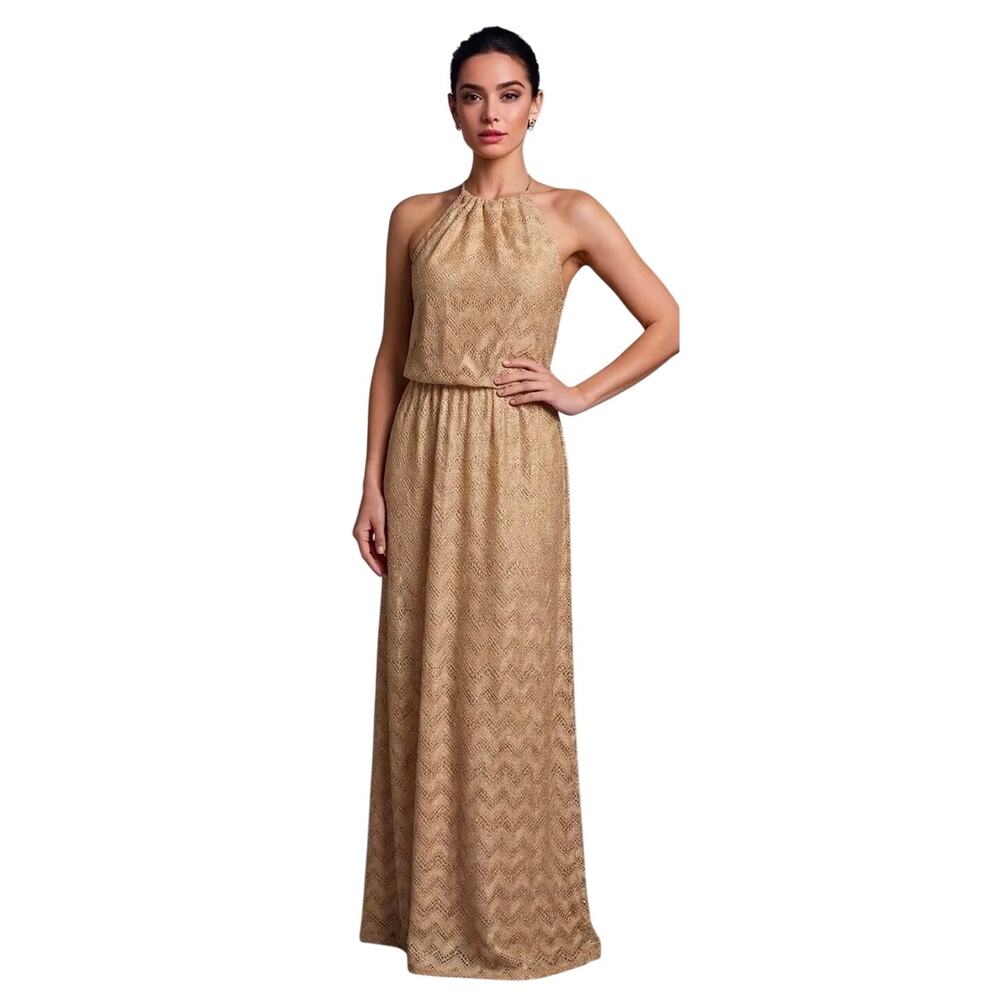 Vintage Y2K Gold Metallic Halter Dress 70s Disco Glam Plisse Knit Resort Gown 2